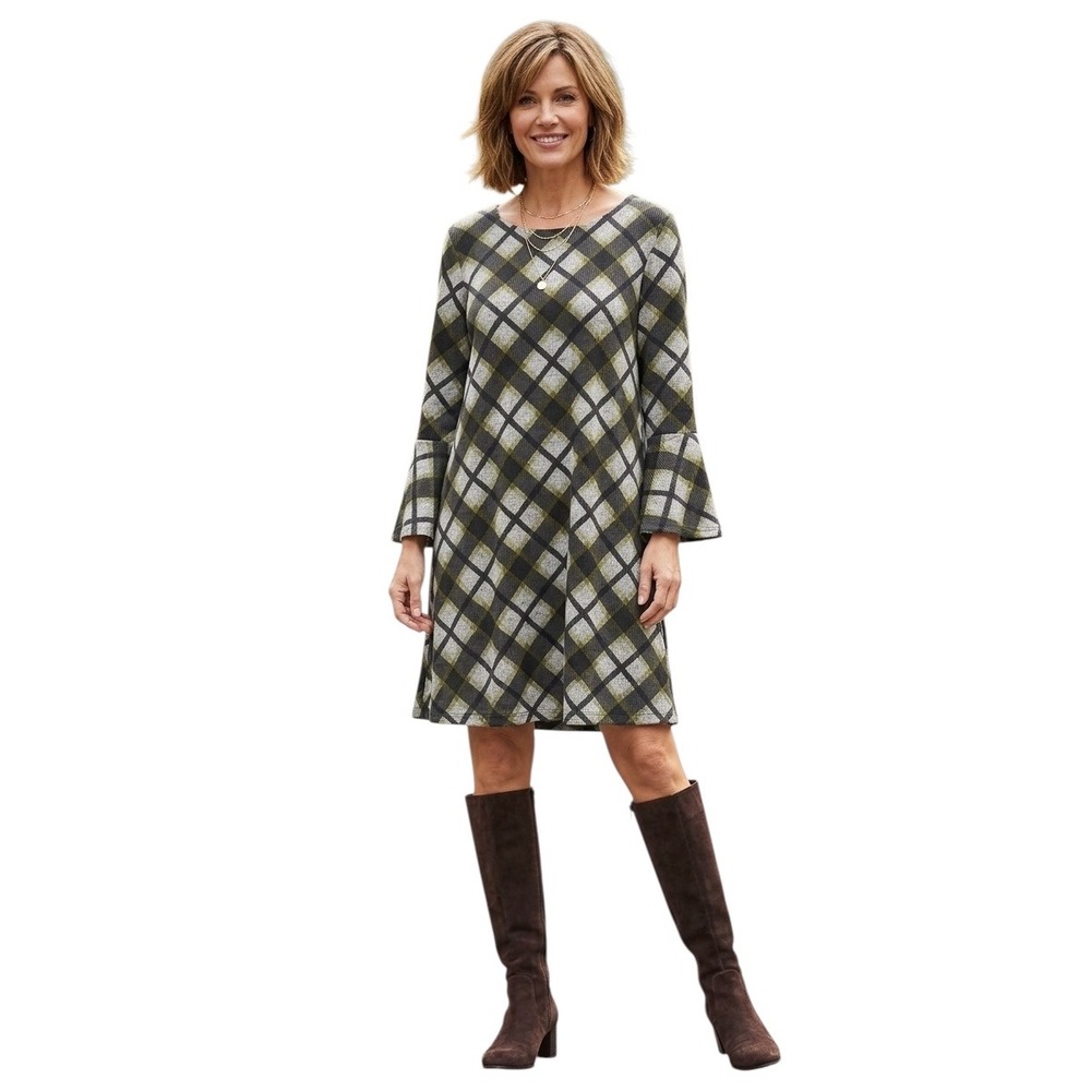 JH Collection Womens XL Olive Green Plaid‎ Bell Sleeve Shift Dress Knit Career